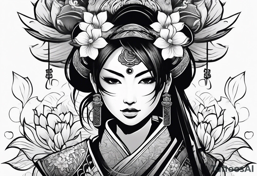 female samurai lotus flowers neotribal tattoo idea