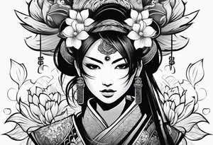 female samurai lotus flowers neotribal tattoo idea