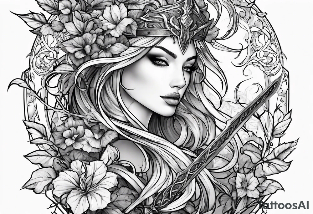 Leafy vines with sword tattoo idea