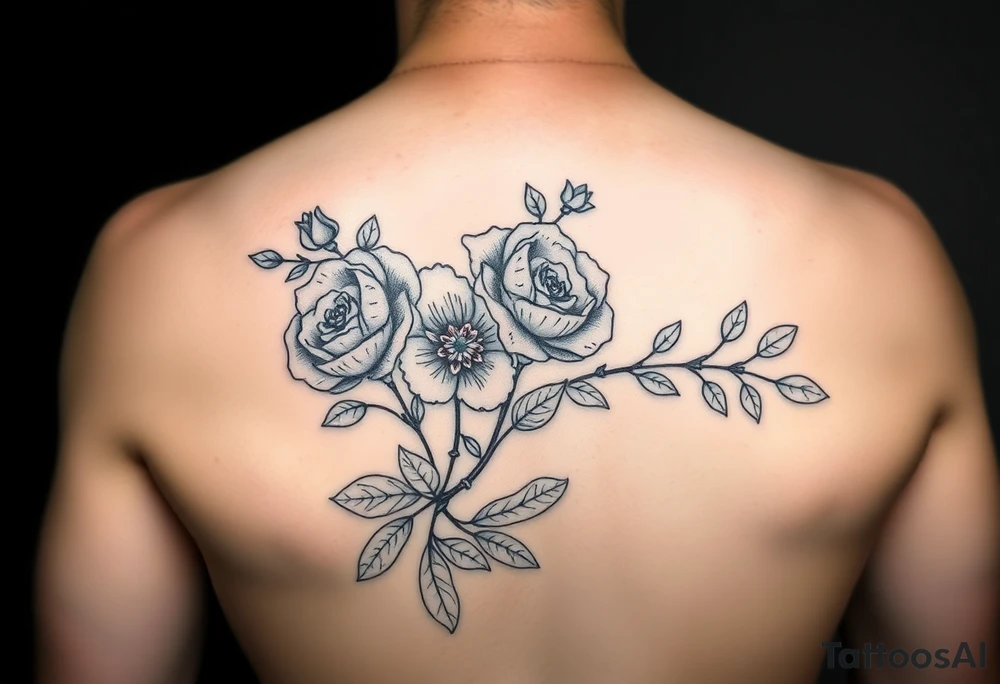 Traditional style black ink with 2 wild roses with forget me nots an olive branch and a lot of leaves tattoo idea