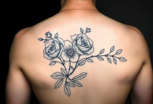 Traditional style black ink with 2 wild roses with forget me nots an olive branch and a lot of leaves tattoo idea