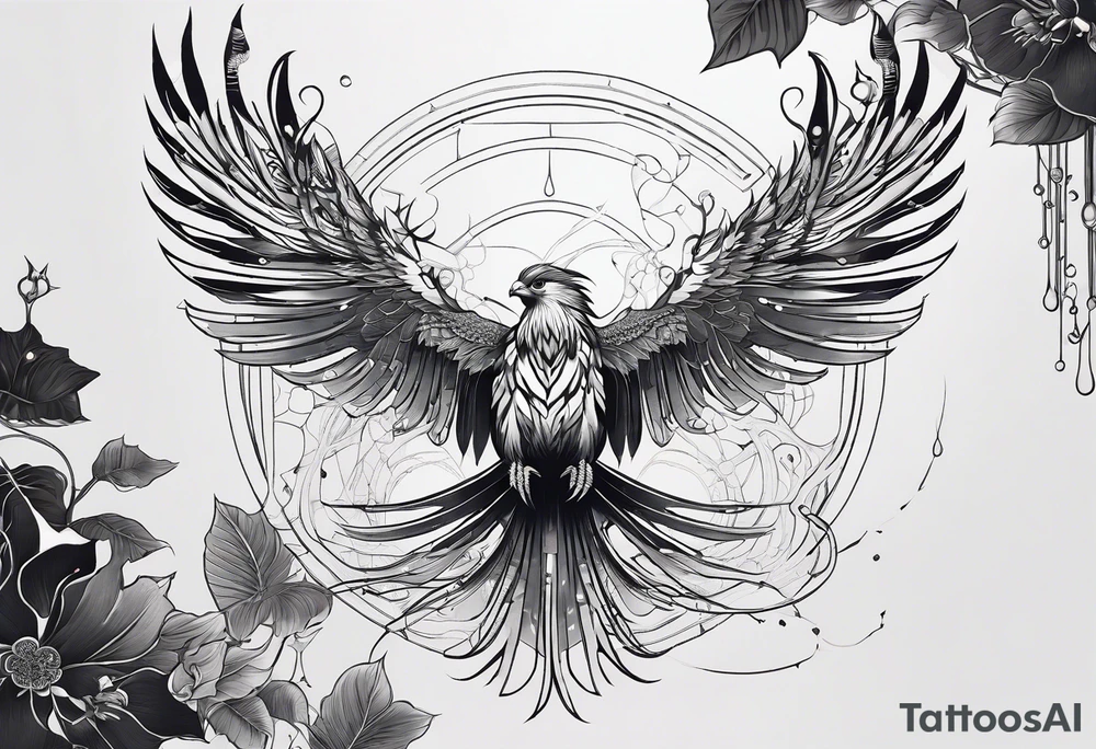 Minimalistic design Cyberpunk Quetzal that has cybernetic neurons coming from the bottom. tattoo idea
