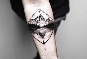 rocky mountains, compass, lake, reflection, forearm tattoo idea