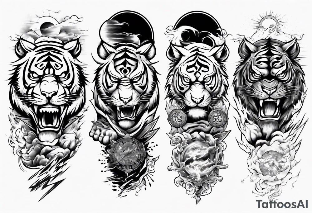 tiger warrior with lightning and the sun for a forearm sleeve tattoo idea