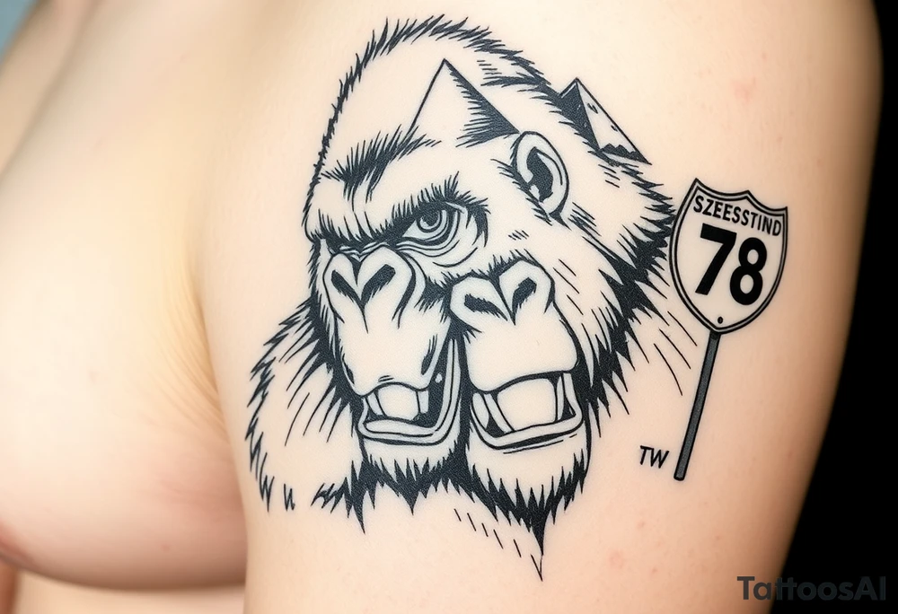 powerful aggressive gorilla with a street sign with a pole on the left that says 42nd st w, a highway sign on the right that says highway 78 and pyramids above the ape’s head that have snow on them all in close proximity. tattoo idea