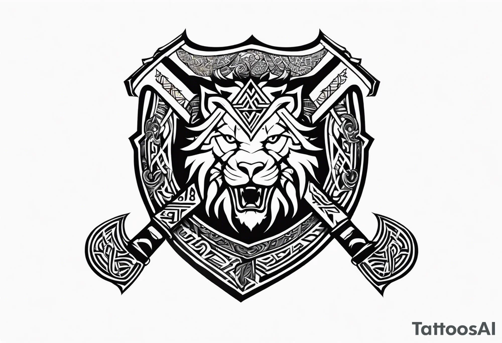 Valhalla sword shield dragon axe Valknut tribal lion tattoo idea