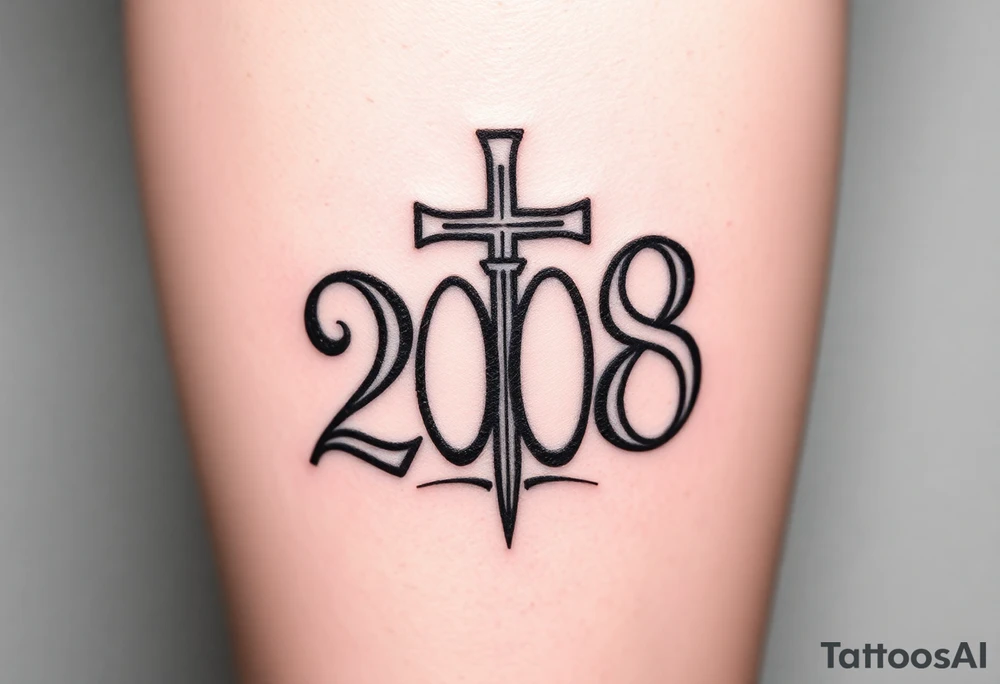 the year 2008 written in font gong down my leg with a cross behind the year tattoo idea