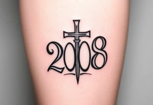 the year 2008 written in font gong down my leg with a cross behind the year tattoo idea