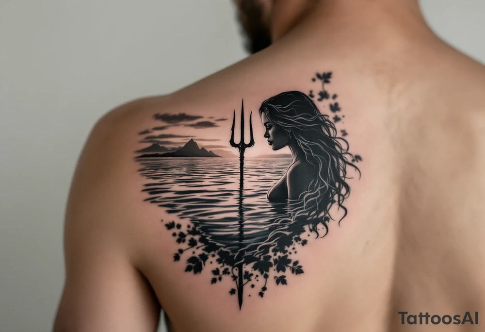 trident half way under calm water at sunset with topless woman tattoo idea