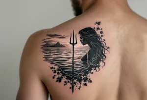 trident half way under calm water at sunset with topless woman tattoo idea
