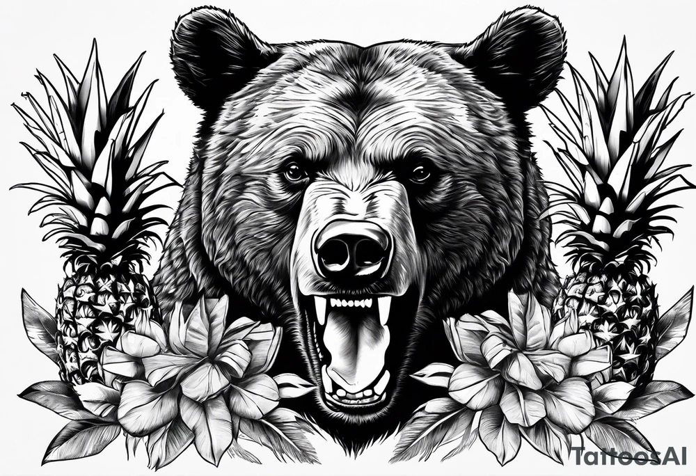 Bear biting pineapples tattoo idea