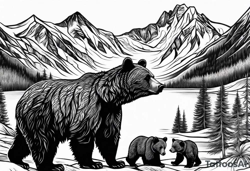 mamma bear and cub with mountains tattoo idea