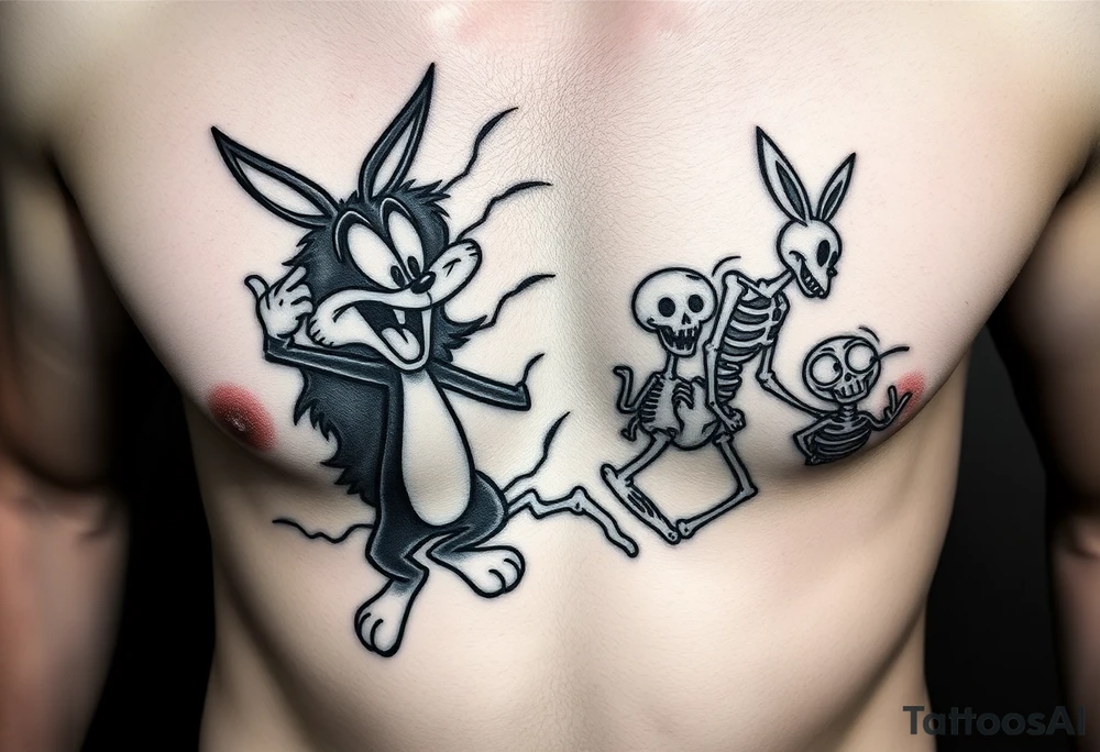 i want the looney toons breaking out of right rib cage and as their body parts exit they turn to skeletons (representing my four kids 3 boys 1 girl) taz, bugz, tweety, lola tattoo idea