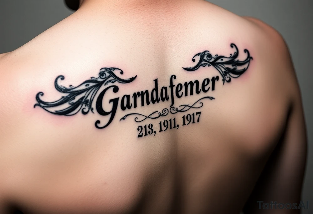 A Small tattoo , on the shoulder traps , representing grandfather and date of death, could be in German tattoo idea