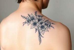 realistic bouquet of daffodils, daisies, lily of the valley on woman upper arm sleeve tattoo idea