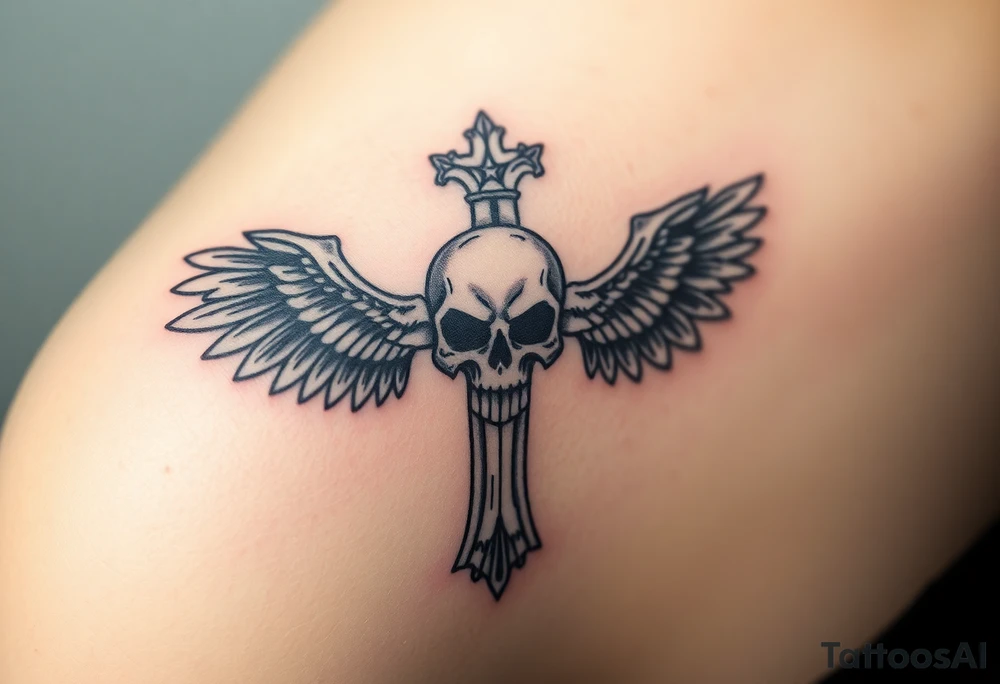 A cross covered in intricate skull engravings, with skeletal wings made of bone and ash tattoo idea