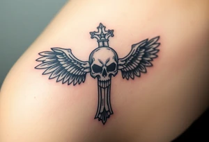A cross covered in intricate skull engravings, with skeletal wings made of bone and ash tattoo idea