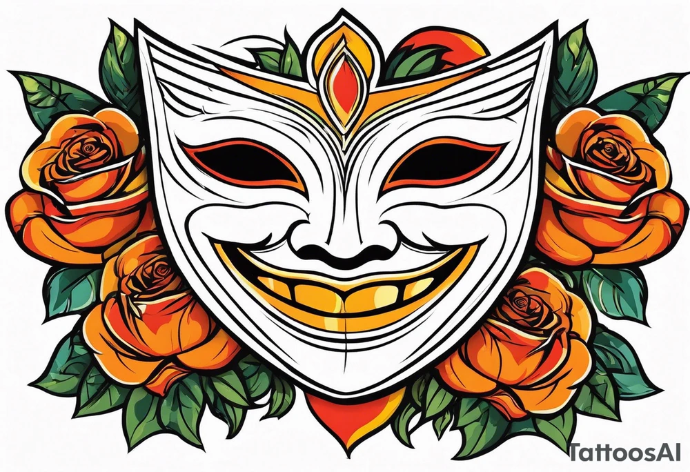 Laughing Male masquerade mask with orange and red roses tattoo idea