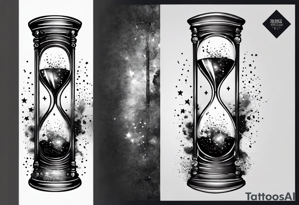 Hourglass with star stuff and cosmic dust exploding from the top and bottom of the hourglass. Long tattoo to fit on the forearm, mascuine tattoo idea