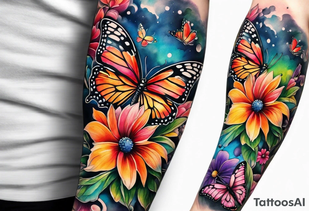 Arm sleeve with rainbow flowers and butterflies tattoo idea