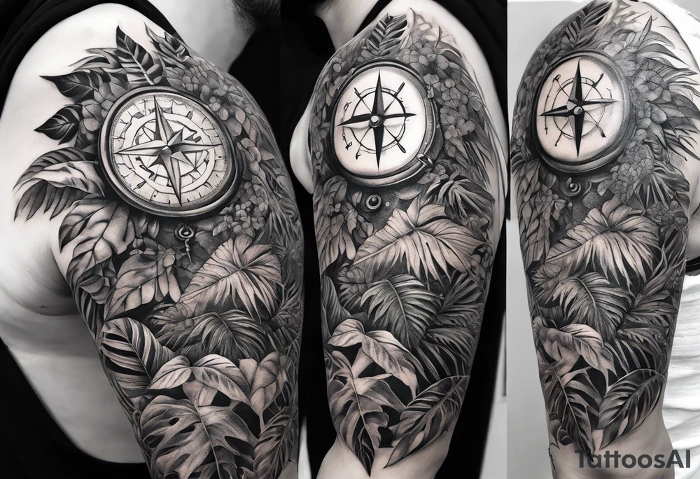 full sleeve tattoo with jungle plants, eye compass tattoo idea