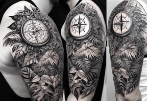 full sleeve tattoo with jungle plants, eye compass tattoo idea