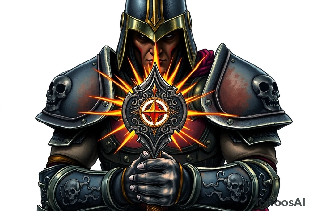 Warhammer, the Old World. A warrior priest of Sigmar holding The Warhammer of Sigmar. The Warhammer of Sigmar is radiating thunderous energy. The Warhammer is held by the warrior priest with both hands at the shaft with a firm grip, upon his chest level. The Warrior priest is wearing dark alloyed heavy armour (reference armor from warhammer vermintide 2 Victor Saltzpyres, the warrior priest of Sigmar class) with skull sigils on his shoulder pads. The warrior priest is wearing a helmet, while the helmets front visor has an humanoid face covering. The helmet and armour are gladened with hints of gold and crimson red. The Warhammer is silverish and golden with a long shaft with twisted carvings. tattoo idea