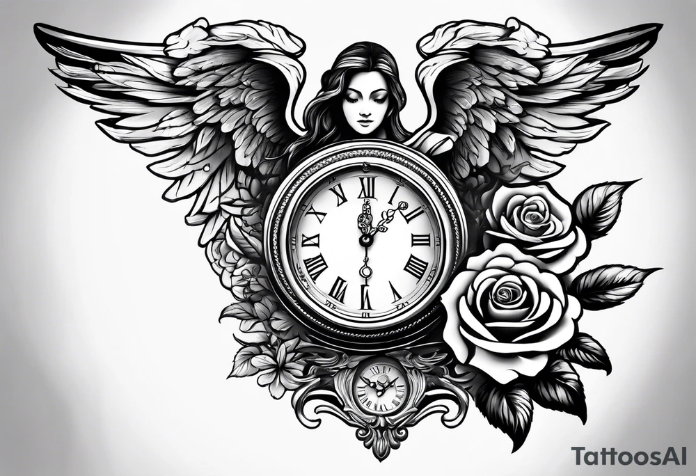 angel, roses, clock, name MARTINA tattoo idea angel, roses, clock, name MARTINA tattoo idea