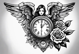 angel, roses, clock, name MARTINA tattoo idea