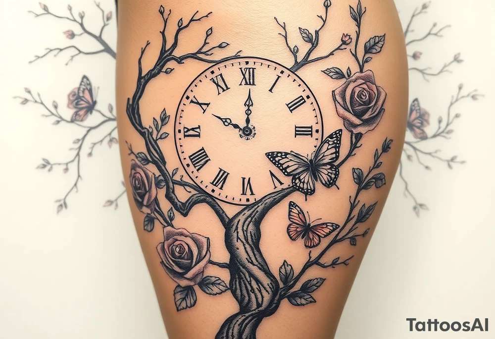 a big clock behind the big poisoned tree, big and small roses, big and small butterflies tattoo idea