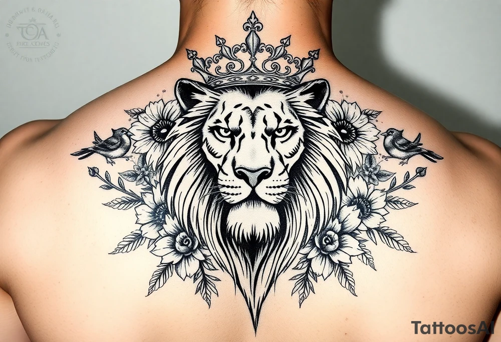 powerful majestic lion with a crown, surrounded by floral ornaments and birds tattoo idea