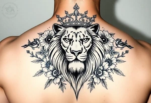 powerful majestic lion with a crown, surrounded by floral ornaments and birds tattoo idea