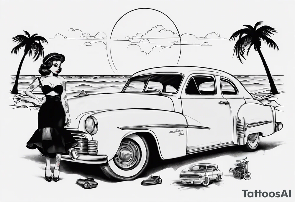 Pinup doll standing next to an old car along the beach tattoo idea