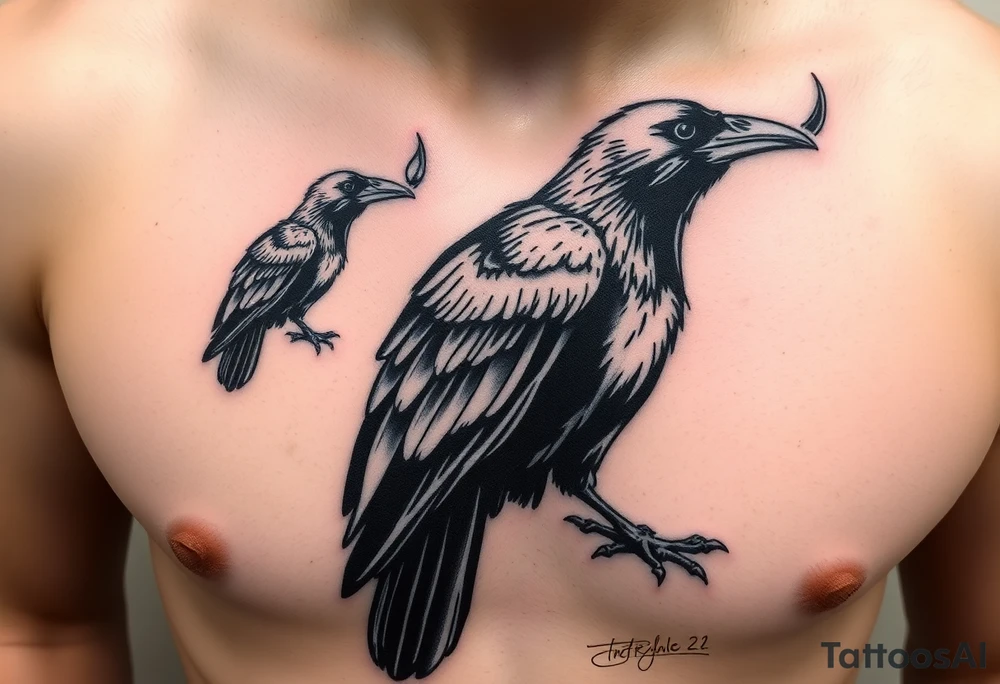 a crow holding a torch in its beak and a crow holding an olive tree in its beak tattoo idea