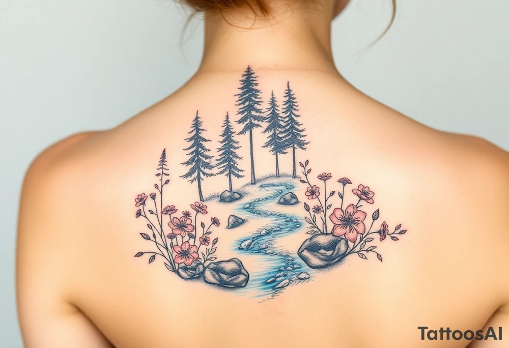 Scenic Northern woods with wild flowers and a river tattoo idea