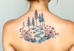 Scenic Northern woods with wild flowers and a river tattoo idea
