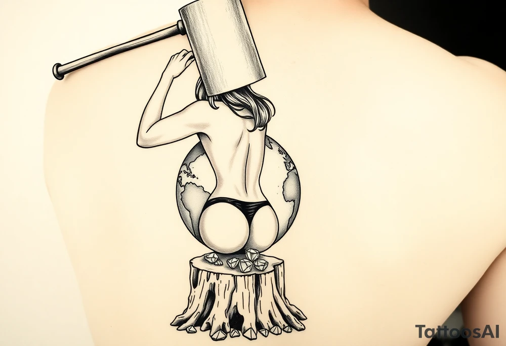 pin up girl wearing a g string thong, the pin up girl is swinging a very large headed mallet overhead onto a small version of the earth globe, the earth globe is on top of a tree stump, the earth globe is in contact with the  mallet and being compressed by the mallet, and at the base of the stump is a pile of diamonds. Her short shorts are not covering her butt all the way. She is facing me with her breast bare and out. tattoo idea