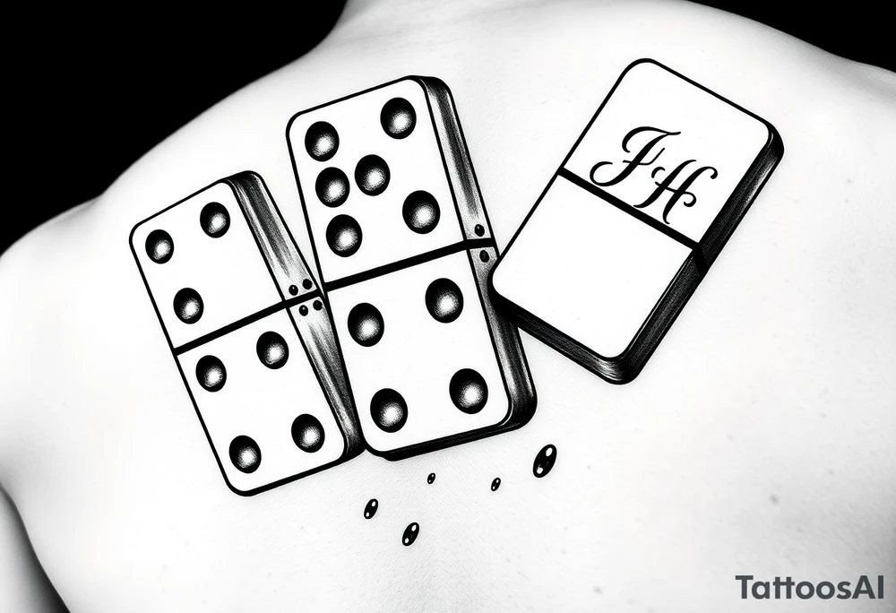 attoo design of three domino tiles falling like in a real domino chain reaction, captured in motion. Retro realistic black and grey shading, not fine-line. The tiles show: one with 8 (4+4), one with 7 (4+3), one with 6 (six dots on the bottom half). On the top half of the domino with 6, add the initials ‘JH’ in elegant retro lettering. Dynamic perspective, sense of motion, vintage realistic tattoo style.“ tattoo idea