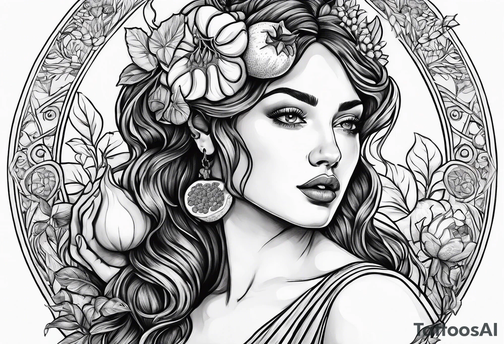 Persephone portrait holding a pomegranate tattoo idea