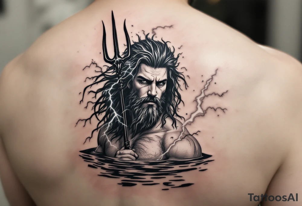 fit poseidon, behind a trident, with lightning, in calm water tattoo idea