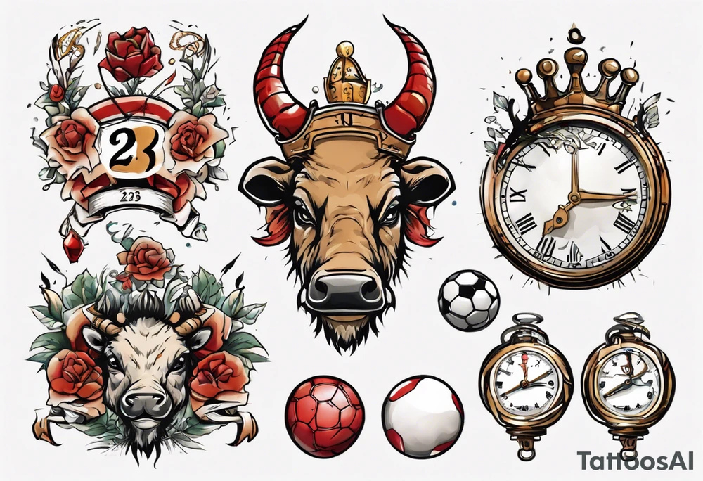 Ballon de foot avec le numéro23 ,  une horloge avec une couronne,  le tout avec au fond un taureau tattoo idea