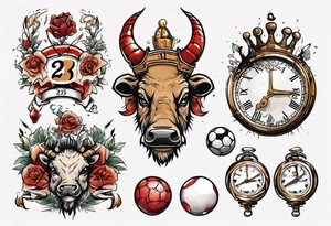 Ballon de foot avec le numéro23 ,  une horloge avec une couronne,  le tout avec au fond un taureau tattoo idea