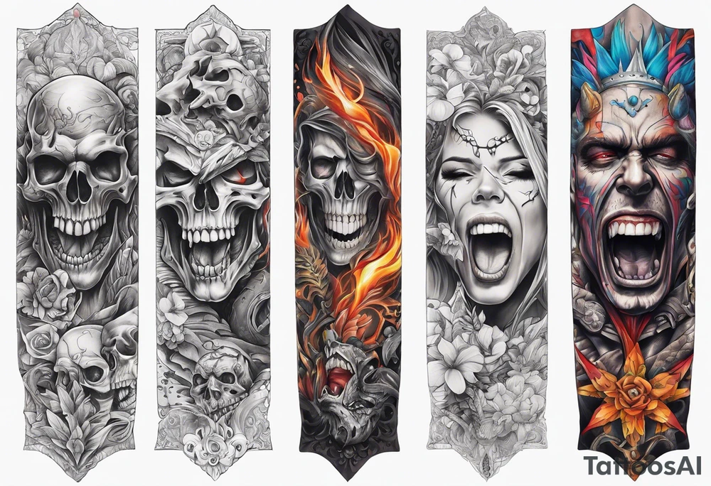 arm sleeve indicating pain, consisting og bones and screaming faces tattoo idea