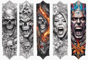 arm sleeve indicating pain, consisting og bones and screaming faces tattoo idea