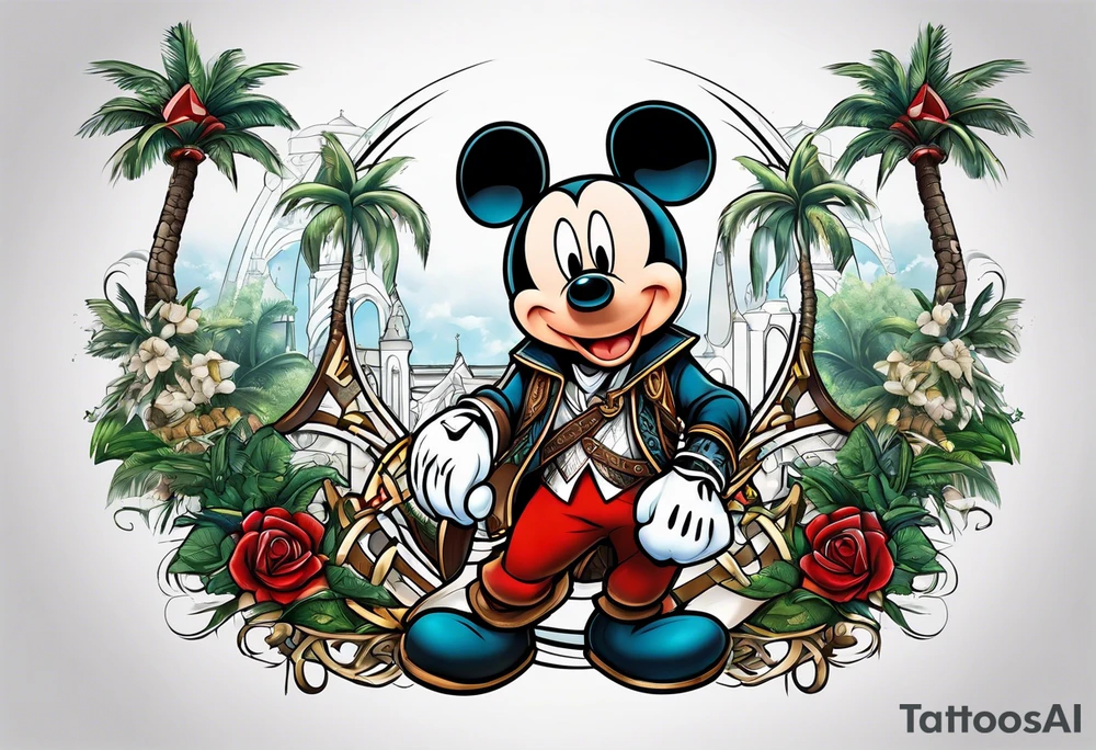mickey mouse as assassins creed character with palm trees and celtic symbol for family tattoo idea