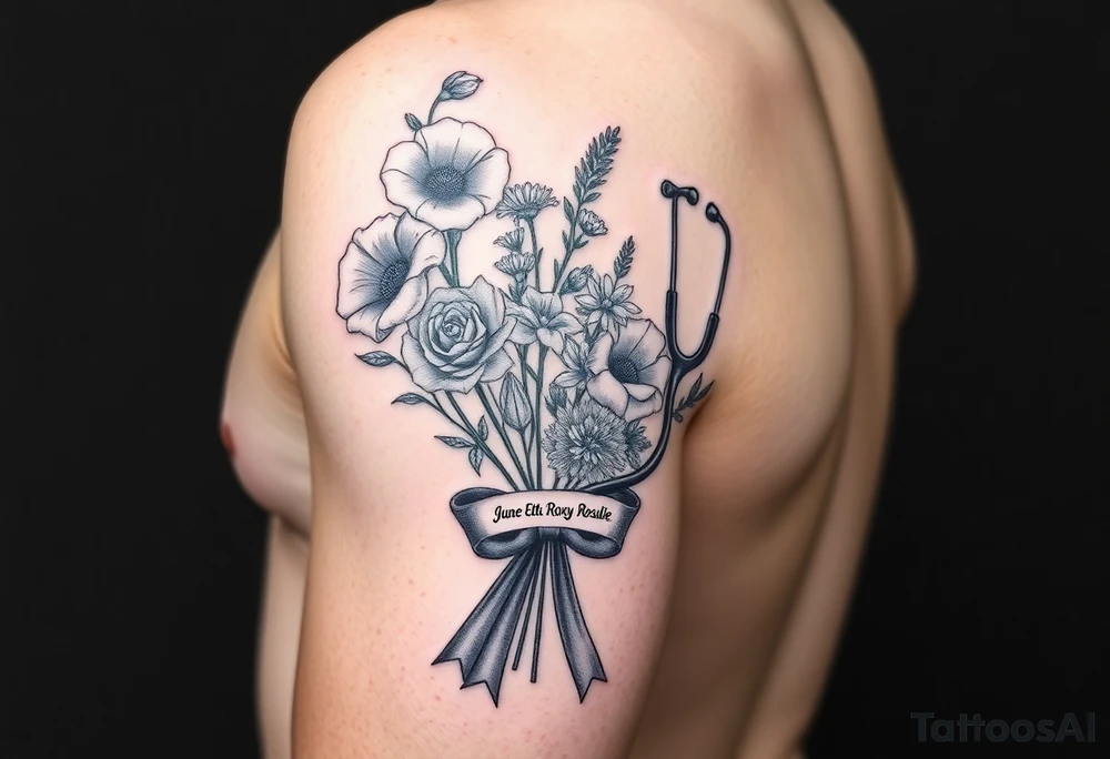 Half arm sleeve of 3 hollyhock flowers, one wild rose, 5 wild flowers in a bouquet with ribbon bow towards the bottom like the just got picked. On the ribbon include three names: June Etta, Roxy, Rosalie. Next the bouquet put a full realistic stethoscope tattoo idea
