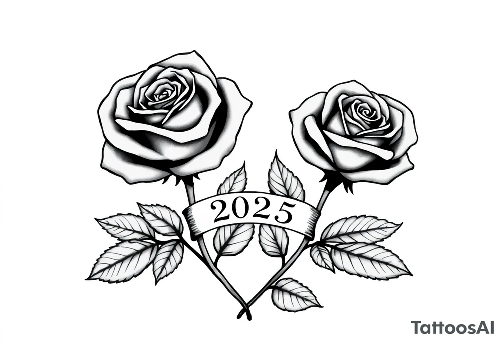 two beautiful large rose buds, one larger than the other, with many leaves next to the rose buds, with one sitting higher than the other. Include a banner connecting the two roses with "2025" on it.   Use dark outlines with little shading. The two stems should be short, not long, and connect and join into one stem, whimsically curved or twisted - not straight down. tattoo idea