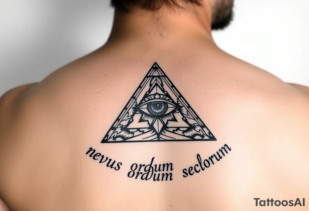 Pyramid with eye in the center, surrounded by words - novus ordum seclorum tattoo idea