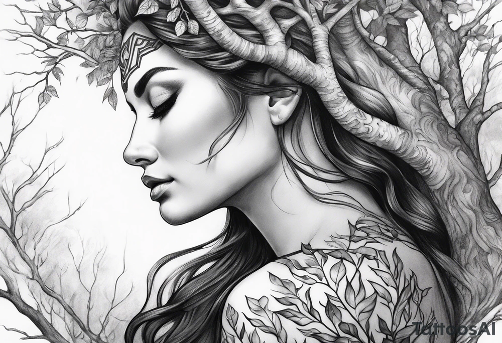 Forest goddess looking down side profile tree branches forming into her face middle arm sleeve tattoo idea