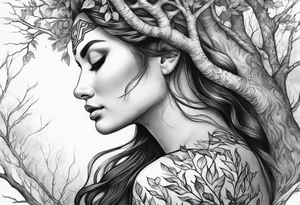 Forest goddess looking down side profile  tree branches forming into her face middle arm sleeve tattoo idea